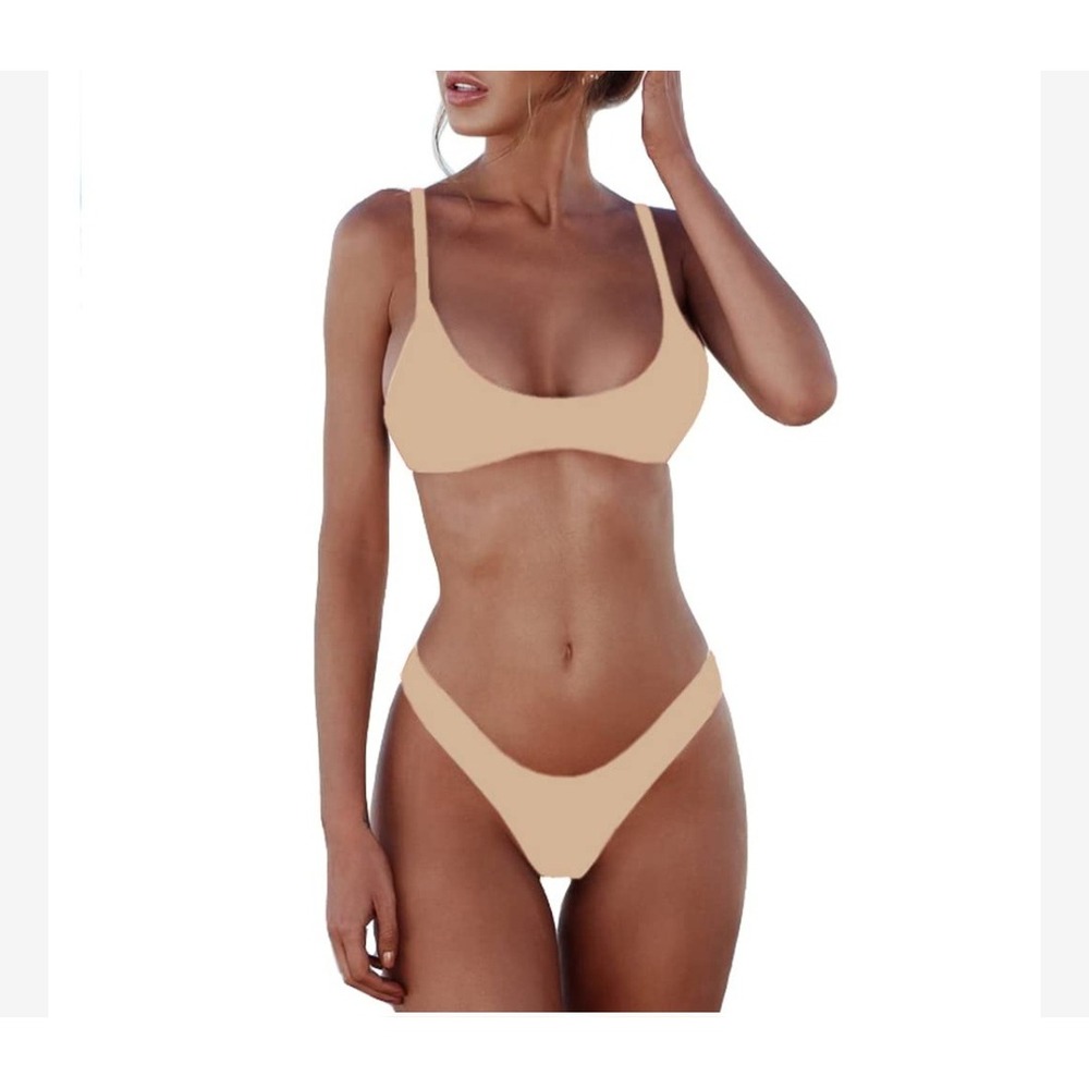 SherryDC Cream Beige Scoop Neck Bikini‎ Set High Cut Thong Swimsuit NWT Small